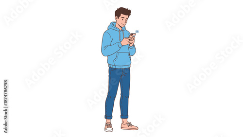 Young man in blue hoodie engrossed in his smartphone.