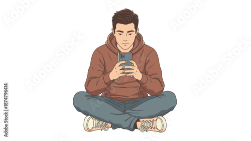 Young man sitting cross-legged using smartphone.
