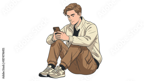 Young man sitting on the floor engrossed in his smartphone.