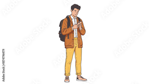 Young man with backpack looking at phone.