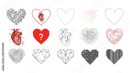 Collection of various heart illustrations and line art designs