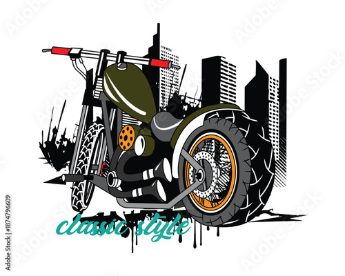  Motorcycle with City Skyline Grunge Art