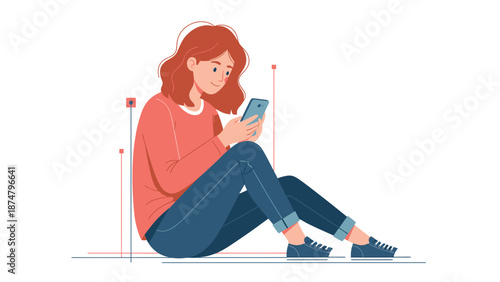 Young woman engrossed in her smartphone while sitting down.