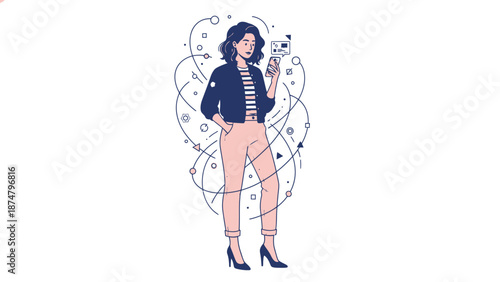 Young woman in stylish outfit using smartphone surrounded by abstract lines.
