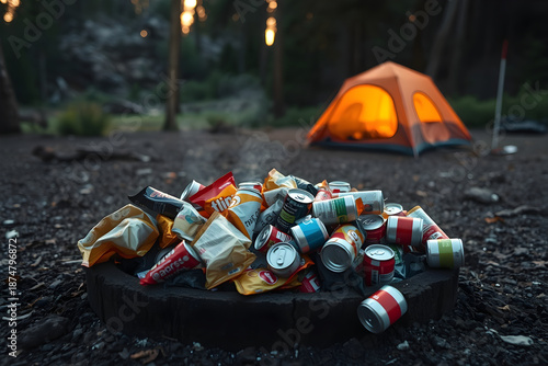 Camping trash polluting forest environment at campsite