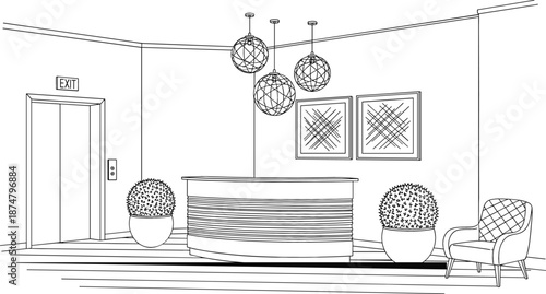 Minimalist black and white line art of an office reception desk with elevator exit armchair and decorative hanging lights
