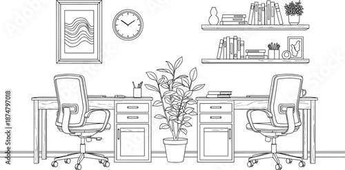 Minimalist black and white line art of a home office with two desks chairs bookshelves and indoor plants