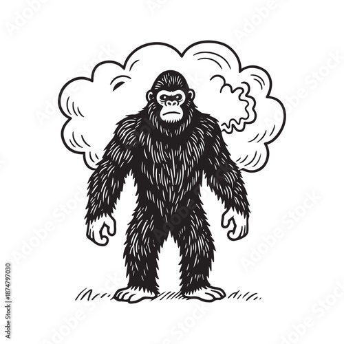 Hand Drawn Black and White Bigfoot Gorilla Character Standing with Large Smoke Cloud.