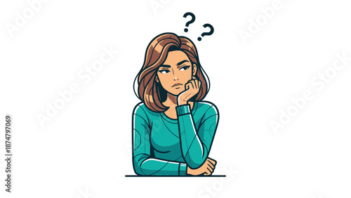 Young woman with thoughtful expression and question marks above her head.