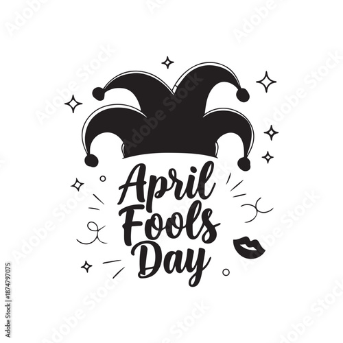 April Fools Day Typography Design Featuring Jester Hat and Decorative Party Elements.