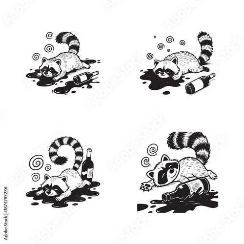 Set of Four Funny Hand Drawn Drunk Raccoon Illustrations With Wine Bottles.