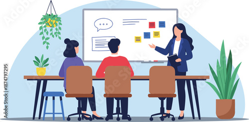 Flat vector illustration of a business team meeting with a leader giving a presentation on a whiteboard in office