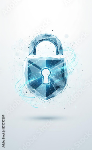 A polygonal padlock symbolizing digital security, data protection, and cybersecurity concepts in a futuristic, abstract design