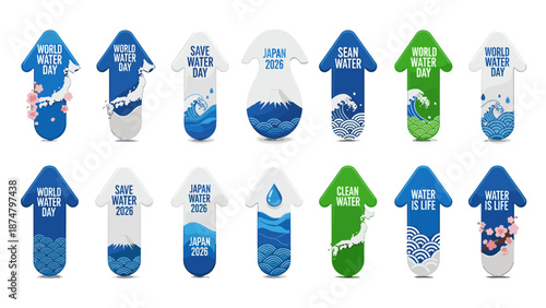 Collection of blue and green water droplet icons with various symbols