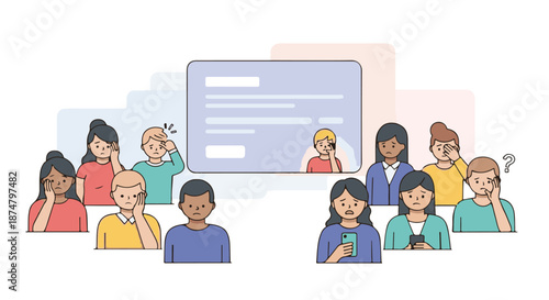 Diverse group of people expressing confusion and concern while looking at a form on a screen, conveying a sense of misunderstanding or difficulty in comprehension