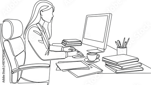 Continuous line art illustration of a professional woman sitting at a desk working on a computer for business concepts