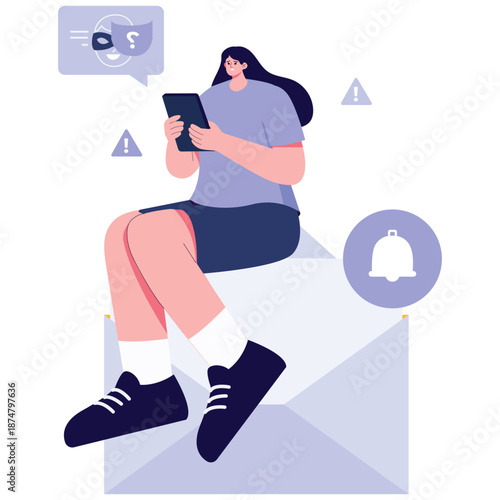 Cyber Security Awareness Illustration. Vector illustration of Woman checking phishing alert message on mobile phone. Isolated on background