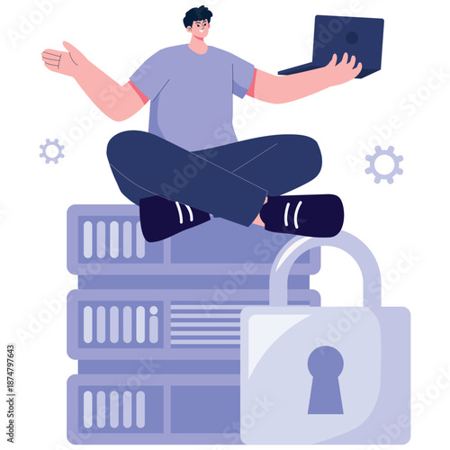 Cyber Security Awareness Illustration. Vector illustration of IT professional securing servers with laptop and digital lock. Isolated on background