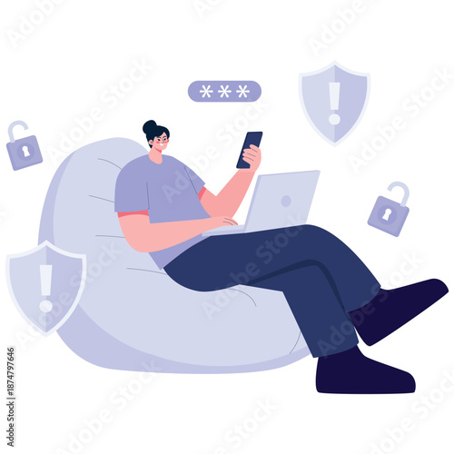 Cyber Security Awareness Illustration. Vector illustration of woman working remotely with laptop and smartphone,  surrounded by security and password symbols. Isolated on background