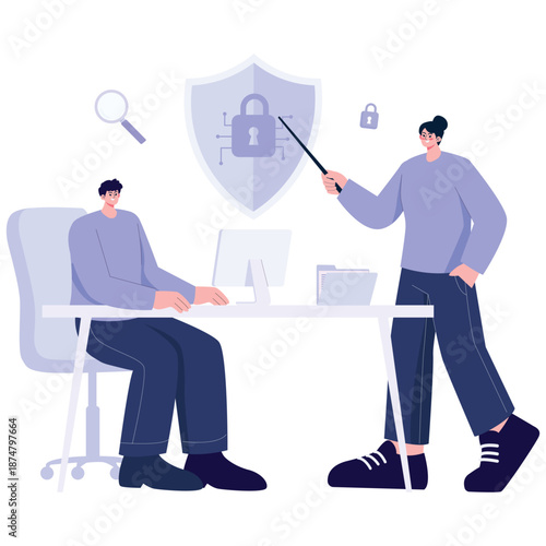 Cyber Security Awareness Illustration. Vector illustration of security expert explaining cyber protection concepts to a colleague at a workstation. Isolated on background