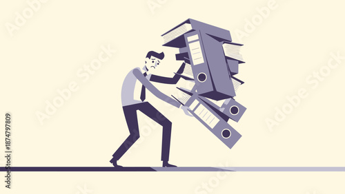 Man struggling to lift pile of office papers paperwork overload.