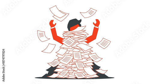 Overwhelmed office worker buried under paperwork.