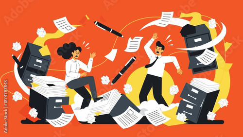 Office chaos paperwork explosion messy office.