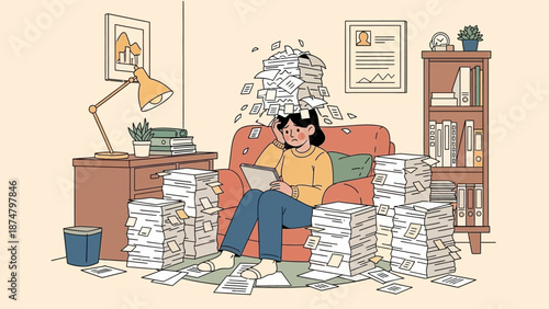 Overwhelmed woman surrounded by piles of paperwork.