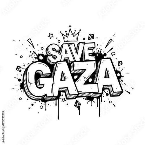 Save Gaza humanitarian message graffiti design in black and white street art style