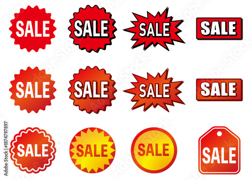 赤と黄色を基調にしたセール用ポップラベル・バッジ素材セット　SALE文字入りの円形・爆発型・角丸長方形・値札風デザインの販促アイコン集
