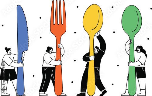 Flat vector illustration of four people holding giant colorful knife fork and spoons for culinary and food concepts,Flat vector illustration of four people holding giant colorful knife fork and spoons