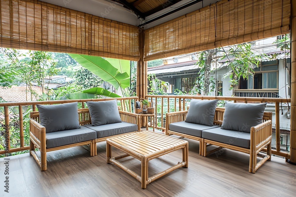 Naklejka premium Cozy Bamboo Patio Furniture Set with Cushions in Natural Outdoor Setting