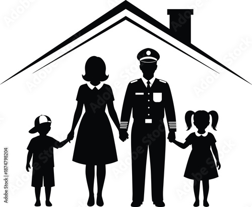 Military family silhouette under house roof holding hands parents and children home protection service vector illustration isolated white background design