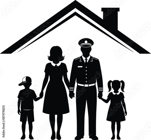 Military family silhouette under house roof holding hands parents and children home protection service vector illustration isolated white background design.