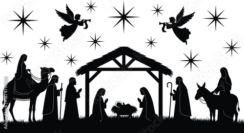 Nativity scene silhouette with holy family angels wise men stars and stable Christmas religious vector illustration isolated white background design