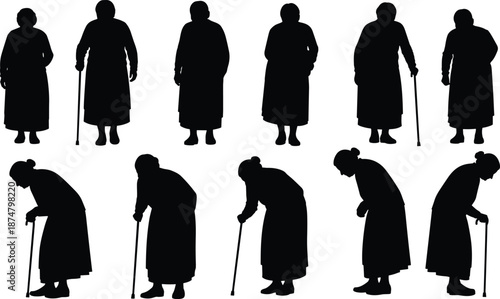 Black Silhouette Set of Elderly Woman Walking with Cane in Different Poses Isolated on White Background for Aging and Retirement