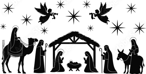 Nativity scene silhouette with holy family angels wise men stars stable Christmas religious vector illustration isolated white background design art
