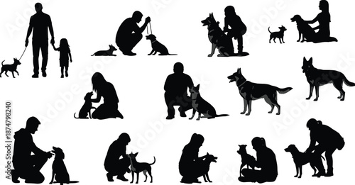 People and dogs silhouettes set showing training playing walking bonding moments between owners and pets isolated white background vector illustration