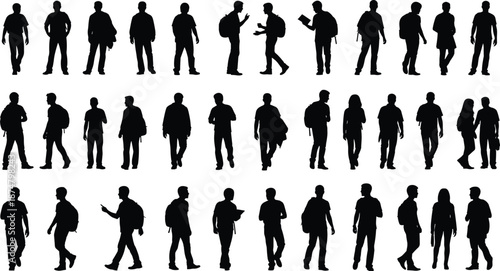 People silhouettes collection walking standing men crowd business commuters urban characters isolated white background vector illustration set pack design bundle