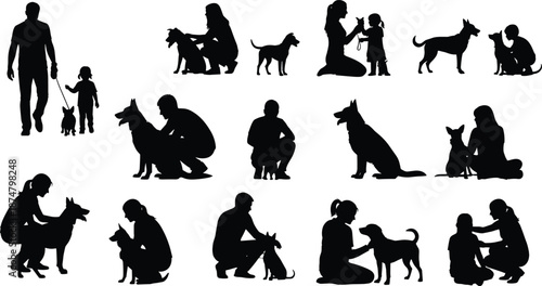 People and dogs silhouettes set showing training playing walking bonding moments between owners children and pets isolated on white background