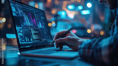Analyzing financial market data on a laptop screen with graphs and charts, representing trading and investment analysis