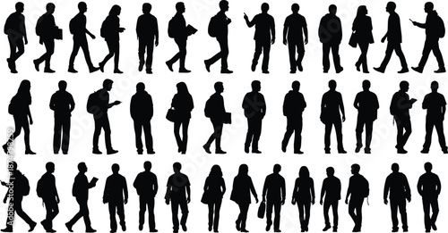 People silhouettes set walking standing men and women crowd collection business commuters isolated on white background vector illustration pack design