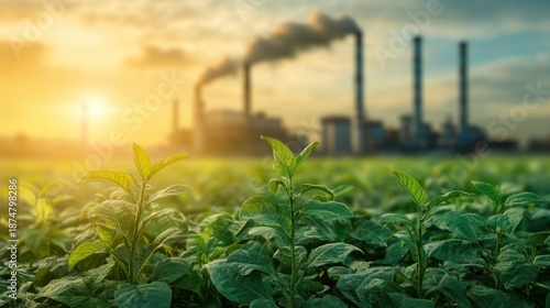 Green plants thrive under warm sun, contrasted by distant factory smoke, representing environmental challenges and the vital global need for sustainability