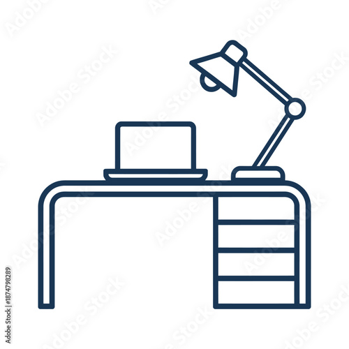 Simple line drawing of desk with laptop and desk lamp on top