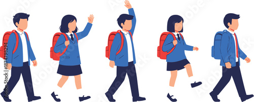 Set of student characters in blue school uniforms with red backpacks walking and waving for back to school concepts