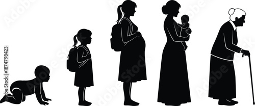 Human life stages silhouette from baby childhood pregnancy motherhood to elderly woman aging concept illustration isolated white background vector