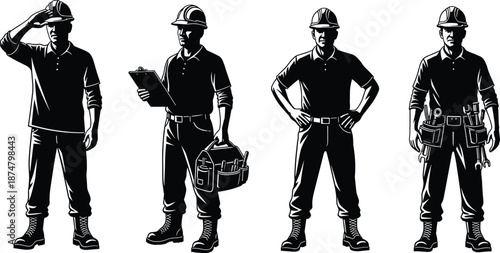 Professional construction workers silhouettes wearing helmets tools uniforms standing confident poses industrial labor safety teamwork illustration isolated white background vector
