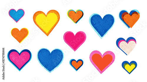 Collection of colorful hearts in various sizes and styles