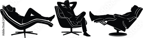 Relaxing people silhouettes reclining in modern lounge chairs comfort lifestyle relaxation concept isolated black vector illustration set for interior design
