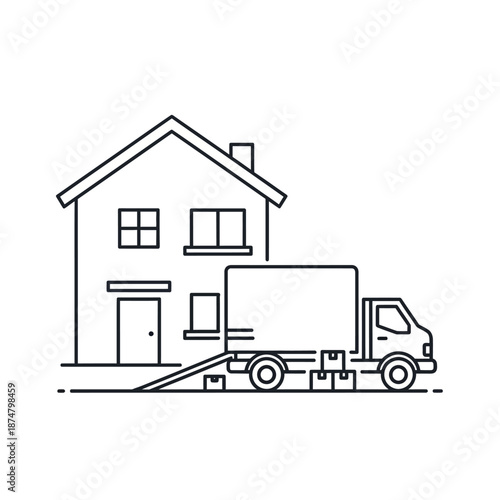 House Moving Service and Delivery Truck Outline Icon. Logistics, Relocation, and Residential Shipping Line Art Vector.